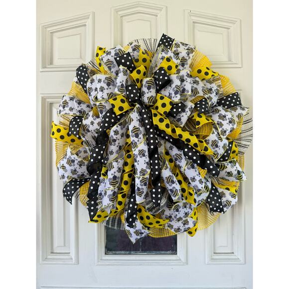 Honey Bee Ribbon & Mesh Spring Summer Wreath, Bumblebee Front Door Hanger - Picture 1 of 6